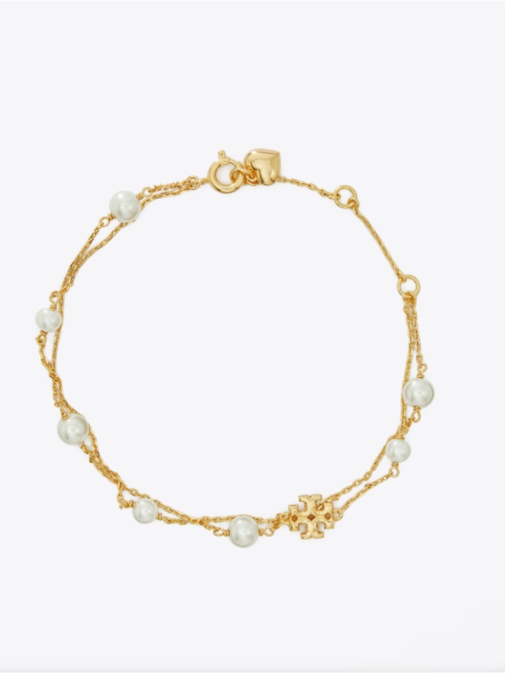 NWT Tory Burch Kira Pearl Double-Strand Gold Chain Bracelet & Logo Charm